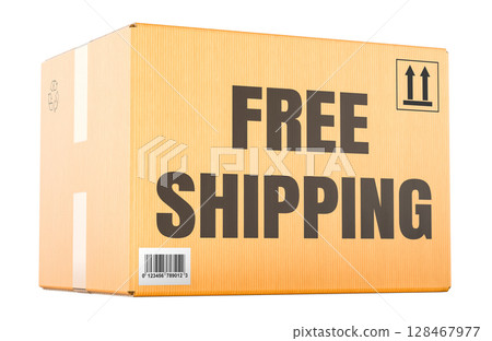 Free Shipping concept. Cardboard box with text. 3D rendering Free Shipping concept. Cardboard box with text. 3D rendering 128467977