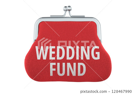 Wedding Fund, red coin purse with text. 3D rendering 128467990