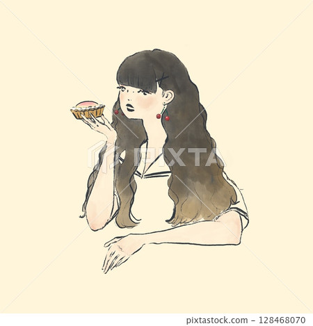 戴櫻桃耳環的女人吃桃子餡餅 128468070