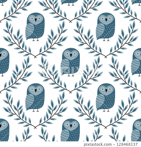 Seamless pattern with stylized blue owls sitting on leafy branches. Cute bird illustration in scandianavian style. Seamless pattern with stylized blue owls sitting on leafy branches. Cute bird illustration in scandianavian style. 128468137