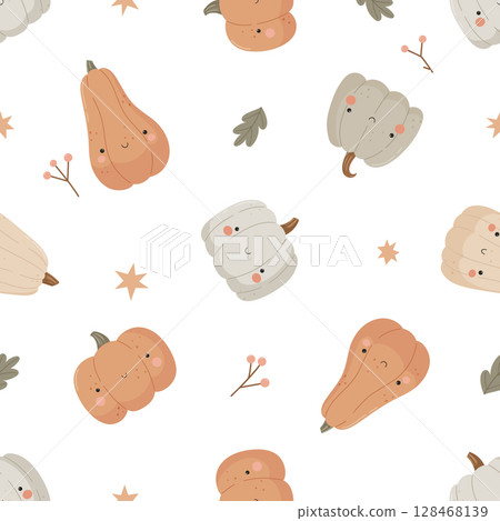 Seamless autumn pattern with cute cartoon pumpkins, leaves, stars, and berries. Warm pastel colors, fall harvest theme. 128468139