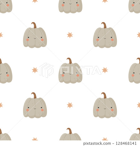 Seamless pattern with cute beige pumpkins and stars. Hand-drawn fall vegetable character in soft neutral tones. Seamless pattern with cute beige pumpkins and stars. Hand-drawn fall vegetable character in soft neutral tones. 128468141