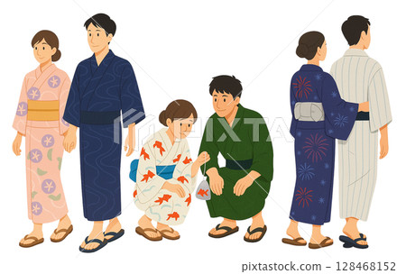 A set of three illustrations of couples in yukata enjoying the summer festival 128468152