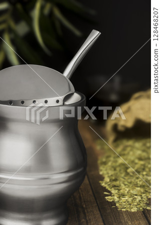 Stainless Yerba Mate Gourd with Bombilla and Loose Leaf 128468207