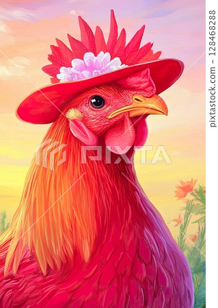 Close up of fancy red rooster Bird has stylish hat and flower decor in background 128468288