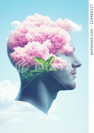 Mental wellbeing concept with man s profile combined with natural flowers. 128468317