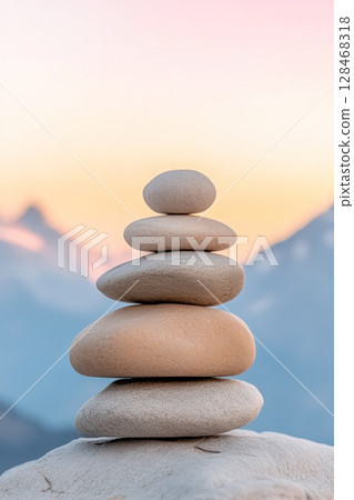 Zen stacked smooth stones for stability and tranquility against a blurred mountain background. 128468318