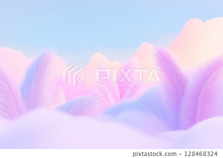 Gentle pastel landscape with soft plumes resembling stylized trees and rolling hills. 128468324