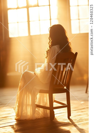 Woman Sits Silently on a Wooden Chair in a Sunlit Room From Behind. 128468325