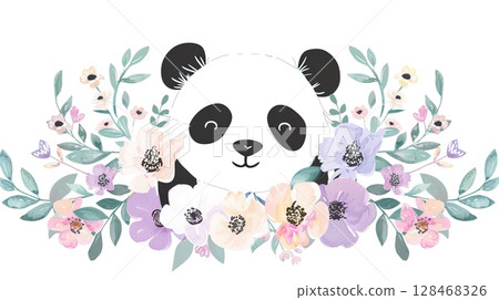 A panda face surrounded by watercolor flowers perfect for prints cards and gentle designs A panda face surrounded by watercolor flowers perfect for prints cards and gentle designs 128468326