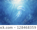 Jellyfish floating in the water and light coming from the surface 128468359