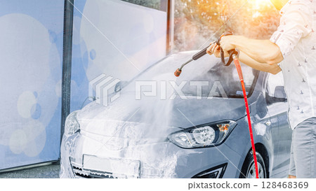Self service car wash. Car cleaning soap foam. Spray wet pressure shine detail. Self service car wash. Car cleaning soap foam. Spray wet pressure shine detail. 128468369