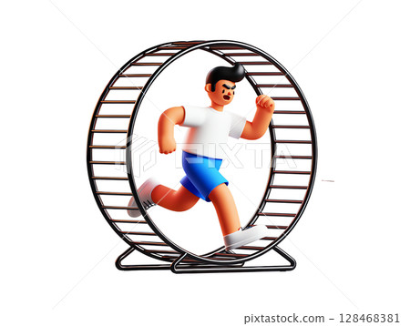 Exhausted man running in giant hamster wheel, 3d metaphor for endless routine and corporate burnout concept 128468381