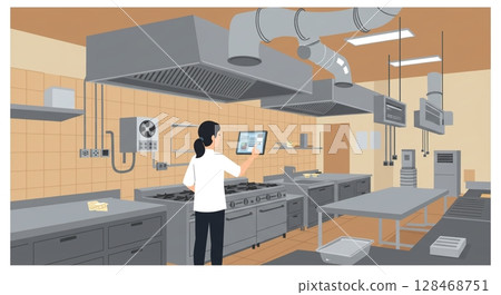 Inside a clean food factory where state-of-the-art equipment is in operation 128468751