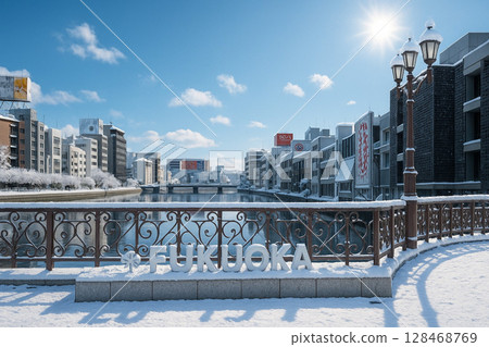 Snow-covered Fukuhaku Deai Bridge, Hakata 128468769