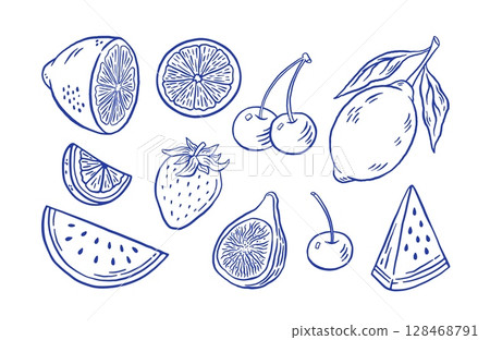 Hand draw farmer fruit vector illustration. Doodle watermelon, strawberry, fig, lemon, citrus icons. Vegan healthy food 128468791