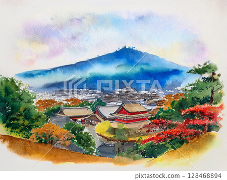 日本風景，柔和的水彩畫 128468894