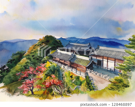 日本風景，柔和的水彩畫 128468897
