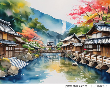 日本風景，柔和的水彩畫 128468905