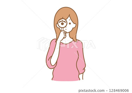 Woman looking through a magnifying glass Woman looking through a magnifying glass 128469006