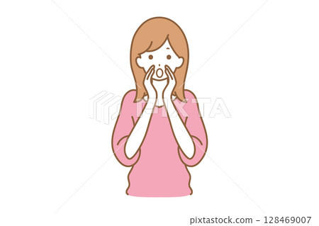 A woman calling by touching her mouth A woman calling by touching her mouth 128469007