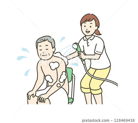 Upper body illustration of a caregiver assisting with bathing and an elderly man taking a shower Upper body illustration of a caregiver assisting with bathing and an elderly man taking a shower 128469438