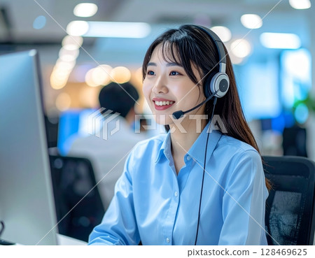 A young woman of an operator who talks on income A young woman of an operator who talks on income 128469625