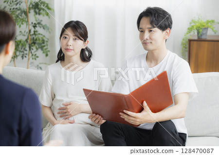 一對夫婦正在與一位西裝革履的女士進行諮詢 128470087