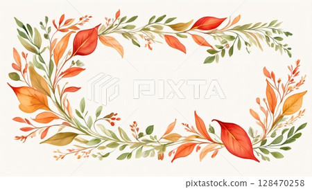 秋葉環繞的水彩畫框 | 白色背景模板 128470258