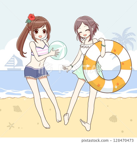 兩個女孩在海裡玩耍 兩個女孩在海裡玩耍 128470473
