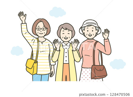 Upper body illustration of a friendly group of elderly women having fun on a trip Upper body illustration of a friendly group of elderly women having fun on a trip 128470506