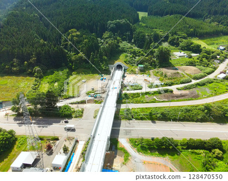 Aerial view of the Hokkaido Shinkansen Sapporo extension construction work around Shin-Hakodate-Hokuto Station in Hokuto City, Hokkaido in summer Aerial view of the Hokkaido Shinkansen Sapporo extension construction work around Shin-Hakodate-Hokuto Station in Hokuto City, Hokkaido in summer 128470550
