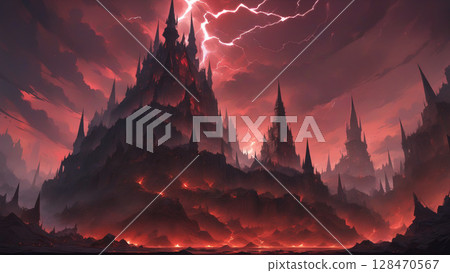A thundering red sky and a castle of burning lava 128470567