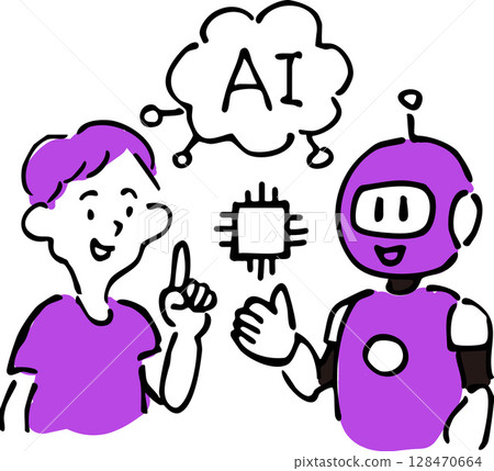 Illustration of a child conversing with AI (robot and boy) 128470664