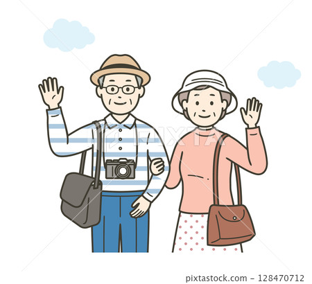 Upper body illustration of a friendly elderly couple having fun on a trip 128470712