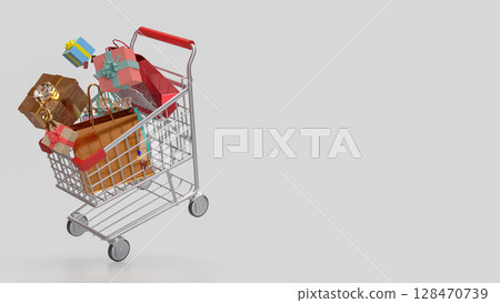 The Gift box in Shopping cart for marketing or business concept 3d Rendering. The Gift box in Shopping cart for marketing or business concept 3d Rendering. 128470739