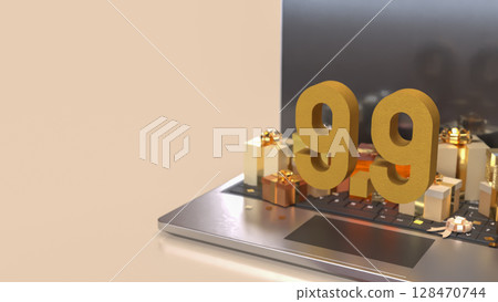 The Gift box and laptop for 9.9 promotion or business concept 3d Rendering. The Gift box and laptop for 9.9 promotion or business concept 3d Rendering. 128470744