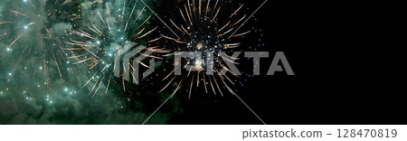 Banner Golden Firework celebrate anniversary happy new year 2024, 4th of july holiday festival. colorful gold firework celebrate national holiday. Banner new year 2025 party time with copy space Banner Golden Firework celebrate anniversary happy new year 2024, 4th of july holiday festival. colorful gold firework celebrate national holiday. Banner new year 2025 party time with copy space 128470819