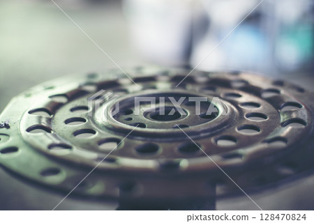 Mechanic tools engineering equipment car auto repair shop with copy space. Blurred background mechanical service. Heavy screw grungy rusted wrenches dirty screwdriver object. Industrial hardware set 128470824