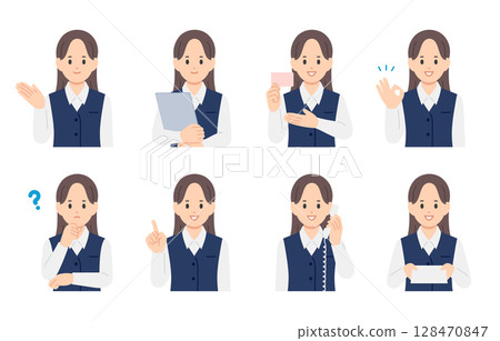 一組表情和姿勢各異的女性醫療辦公室工作人員[人物向量插圖素材] 128470847