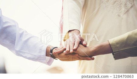 Banner diversity solidarity team multiethnic Partners hands together teamwork. Group of multiracial meetings joins hands together. Panorama Diversity people hands join empower trust team solidarity 128470863