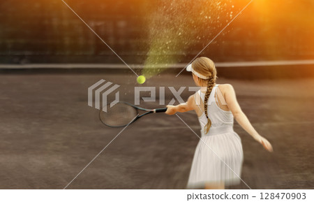 Female tennis player through eyes of web designer, fictional reality Female tennis player through eyes of web designer, fictional reality 128470903