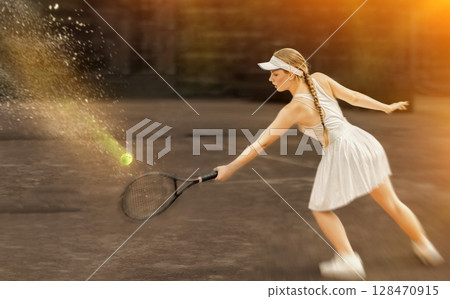 Female tennis player through eyes of web designer, fictional reality 128470915