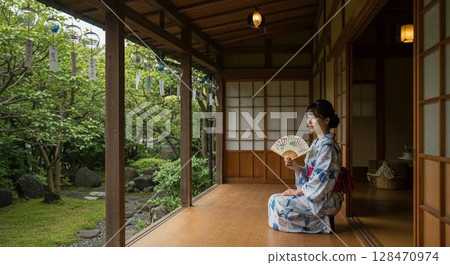 坐在邊緣的yukata的一名婦女 128470974