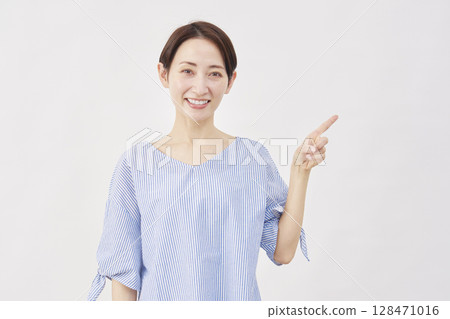 Woman, middle-aged, pointing to the right, white background Woman, middle-aged, pointing to the right, white background 128471016