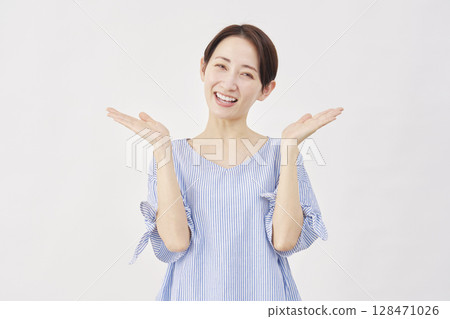 Woman, middle-aged, pointing left and right with palm, white background Woman, middle-aged, pointing left and right with palm, white background 128471026
