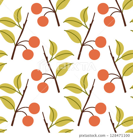 Autumn berry seamless pattern. Fall isolated berries on white background. Square repeat pattern flat design for fall season. 128471100