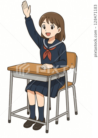 Illustration of a female student raising her hand in the classroom 128471183
