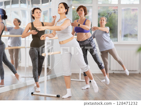 Choreographer coach teaches amateur students to keep their heads straight during ballet lesson Choreographer coach teaches amateur students to keep their heads straight during ballet lesson 128471232