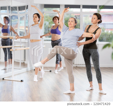Ballet choreographer instructing senior woman in basic ballet techniques 128471420